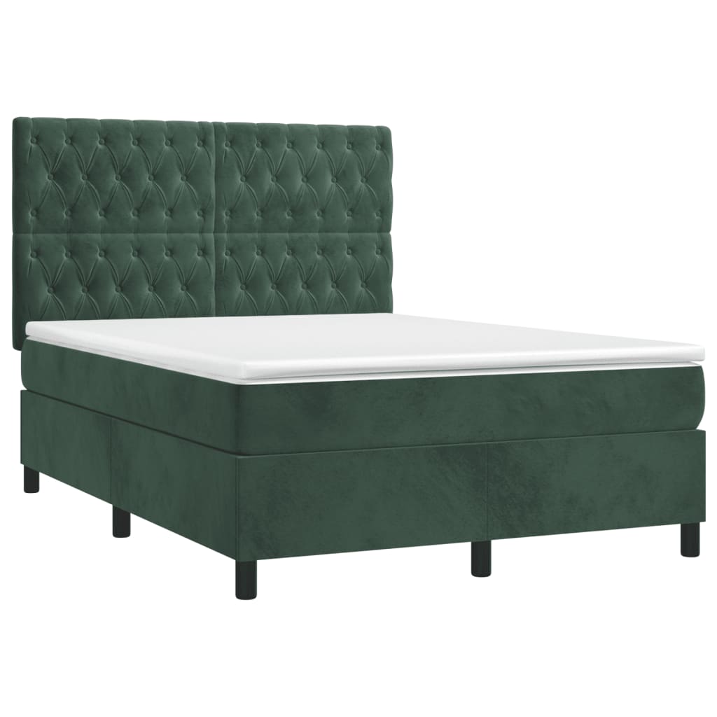 Cama box spring colchón y led terciopelo verde oscuro 140x200cm diseño de botones