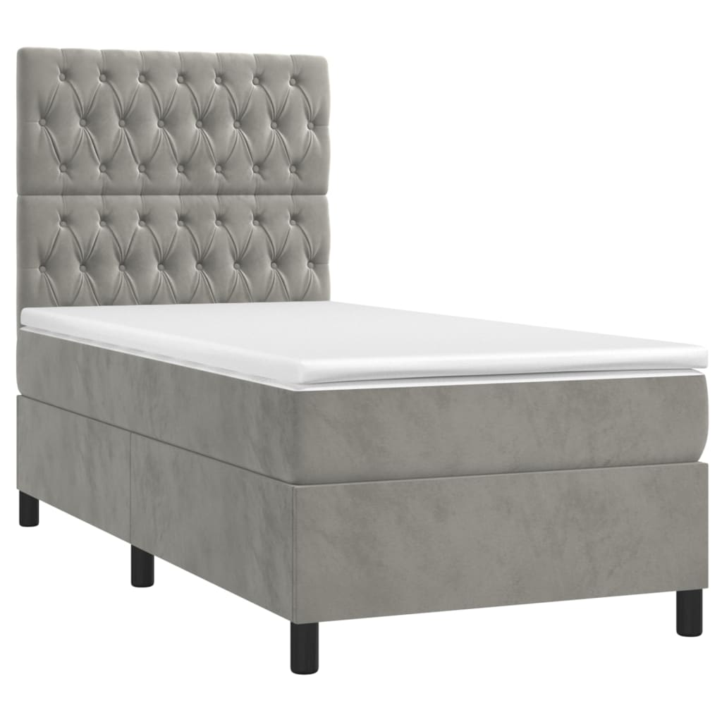 Cama box spring colchón y led terciopelo gris claro 100x200 cm diseño de botones