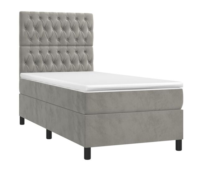 Cama box spring colchón y led terciopelo gris claro 100x200 cm diseño de botones