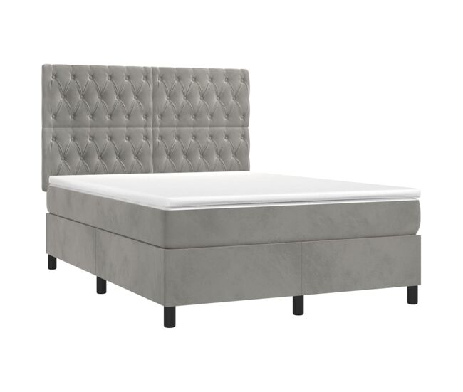 Cama box spring colchón y led terciopelo gris claro 140x200 cm diseño de botones
