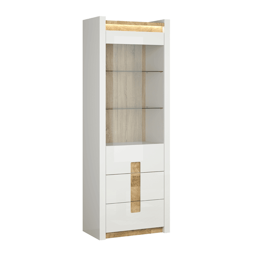 Vitrina 1 porta 2 gavetas com LED Helios Branco laqué e Madeira