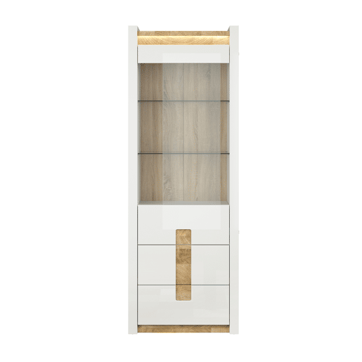 Vitrina 1 porta 2 gavetas com LED Helios Branco laqué e Madeira