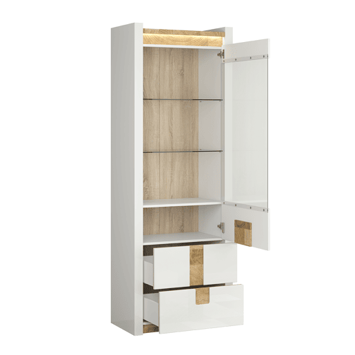 Vitrina 1 porta 2 gavetas com LED Helios Branco laqué e Madeira