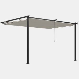 Outsunny Pérgola de Parede de Jardim 3,9x2,9 m Pérgola com Teto Retrátil Tecido de Poliéster e Estrutura de Aço para Pátio Varanda Creme
