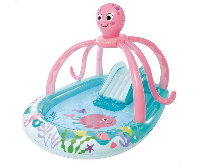 Centro de juegos hinchable agua pulpo c/difusor, tobogán y anillas intex