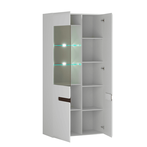 Armário de porcelana 2 portas com LED Darrel Branco laquê e Madeira