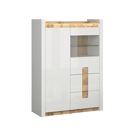Armário de porcelana 2 portas 2 gavetas com LED Helios Branco laqué e Madeira