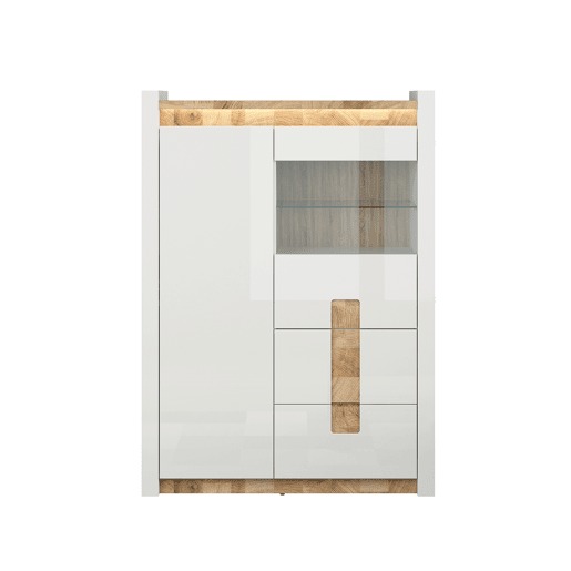 Armário de porcelana 2 portas 2 gavetas com LED Helios Branco laqué e Madeira