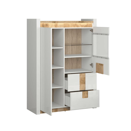 Armário de porcelana 2 portas 2 gavetas com LED Helios Branco laqué e Madeira