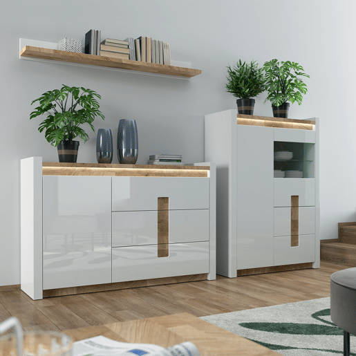 Armário de porcelana 2 portas 2 gavetas com LED Helios Branco laqué e Madeira