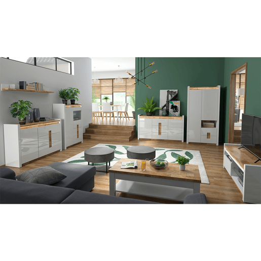 Armário de porcelana 2 portas 2 gavetas com LED Helios Branco laqué e Madeira