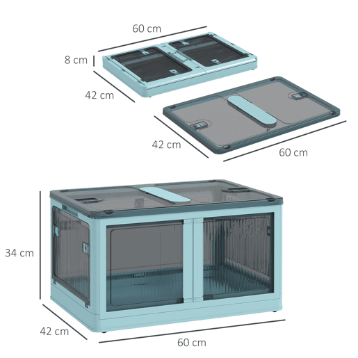 HOMCOM Caixa de Armazenamento Empilhável com Tampa 69L Caixa Organizadora Dobrável com Rodas Contentor de Plástico com Acesso a 5 Lados 60x42x34 cm Azul
