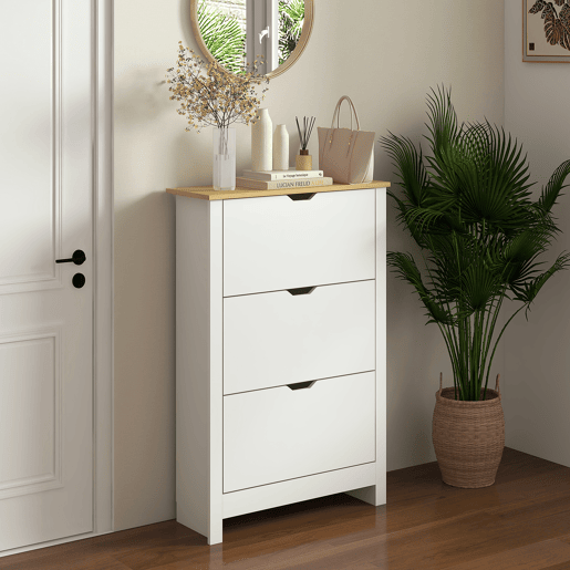 HOMCOM Sapateira Branca Estreita Armário Sapateiro Alto com 3 Gavetas Basculantes para 18 Pares de Sapatos e Prateleiras Ajustáveis para Corredor Entrada 72x26x112 cm