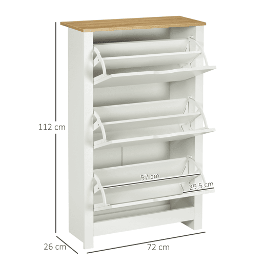 HOMCOM Sapateira Branca Estreita Armário Sapateiro Alto com 3 Gavetas Basculantes para 18 Pares de Sapatos e Prateleiras Ajustáveis para Corredor Entrada 72x26x112 cm