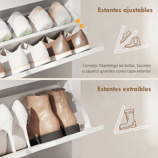 HOMCOM Sapateira Branca Estreita Armário Sapateiro Alto com 3 Gavetas Basculantes para 18 Pares de Sapatos e Prateleiras Ajustáveis para Corredor Entrada 72x26x112 cm