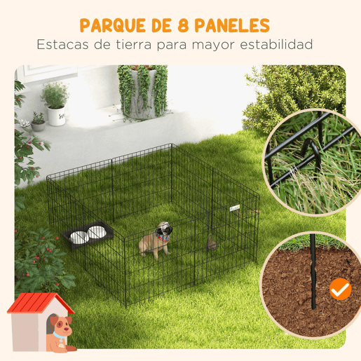 PawHut Parque para Cães 8 Painéis 61x61cm Dobráveis Gaiola Metálica para Animais de Estimação com Porta e Dupla Fechadura para Jardim Pátio Exterior Preto