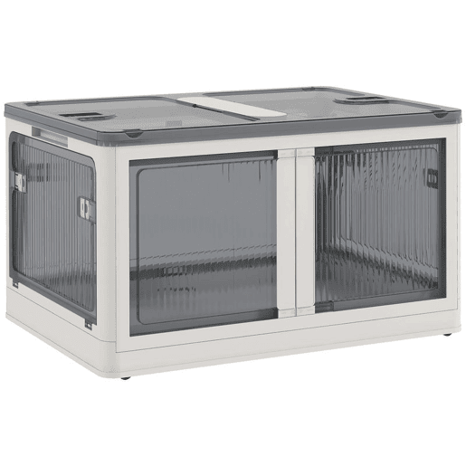 HOMCOM Caixa de Armazenamento Empilhável com Tampa 69L Caixa Organizadora Dobrável com Rodas Contentor de Plástico com Acesso a 5 Lados 60x42x34 cm Branco