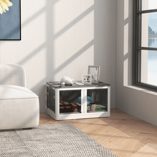 HOMCOM Caixa de Armazenamento Empilhável com Tampa 69L Caixa Organizadora Dobrável com Rodas Contentor de Plástico com Acesso a 5 Lados 60x42x34 cm Branco