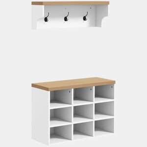 HOMCOM Móvel Cabide de Entrada com Banco Sapateira 2 em 1 Móveis de Entrada com 3 Ganchos e Prateleiras para 9 Pares de Sapatos 75x30x50 cm e 75x20x22,5 cm Branco