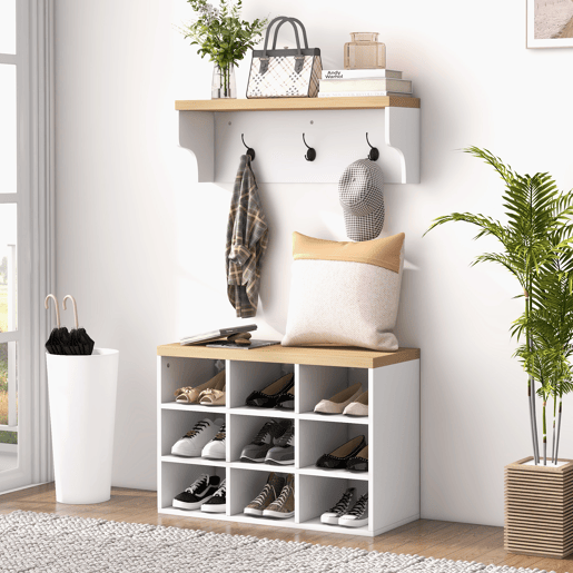 HOMCOM Móvel Cabide de Entrada com Banco Sapateira 2 em 1 Móveis de Entrada com 3 Ganchos e Prateleiras para 9 Pares de Sapatos 75x30x50 cm e 75x20x22,5 cm Branco
