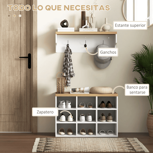 HOMCOM Móvel Cabide de Entrada com Banco Sapateira 2 em 1 Móveis de Entrada com 3 Ganchos e Prateleiras para 9 Pares de Sapatos 75x30x50 cm e 75x20x22,5 cm Branco