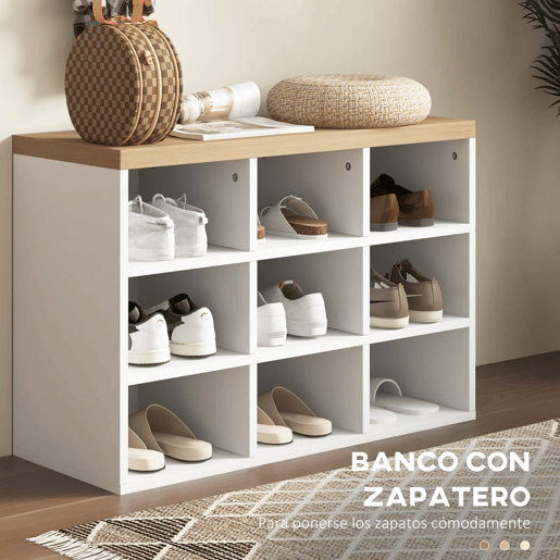 HOMCOM Móvel Cabide de Entrada com Banco Sapateira 2 em 1 Móveis de Entrada com 3 Ganchos e Prateleiras para 9 Pares de Sapatos 75x30x50 cm e 75x20x22,5 cm Branco