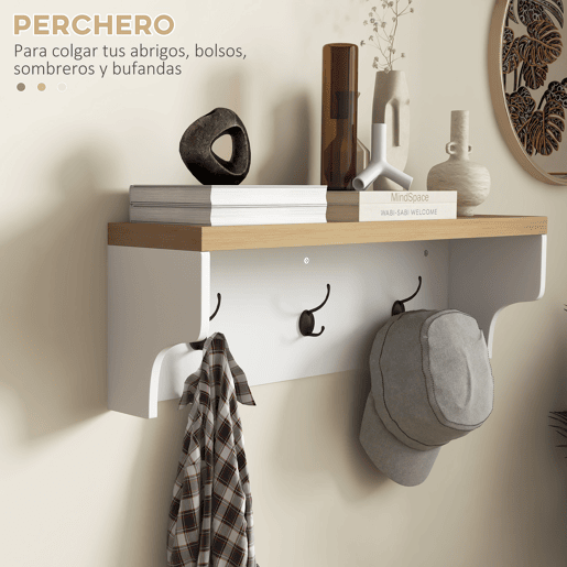 HOMCOM Móvel Cabide de Entrada com Banco Sapateira 2 em 1 Móveis de Entrada com 3 Ganchos e Prateleiras para 9 Pares de Sapatos 75x30x50 cm e 75x20x22,5 cm Branco
