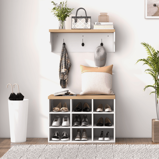 HOMCOM Móvel Cabide de Entrada com Banco Sapateira 2 em 1 Móveis de Entrada com 3 Ganchos e Prateleiras para 9 Pares de Sapatos 75x30x50 cm e 75x20x22,5 cm Branco