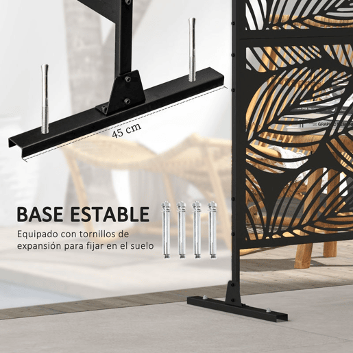 Outsunny Biombo de Exterior Separador de Ambientes com 3 Peças com Padrão de Flores Grande e Estrutura de Aço Ecrã de Privacidade para Pátio Varanda Jardim 122x45x198 cm Preto