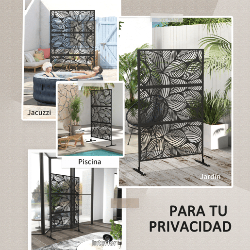 Outsunny Biombo de Exterior Separador de Ambientes com 3 Peças com Padrão de Flores Grande e Estrutura de Aço Ecrã de Privacidade para Pátio Varanda Jardim 122x45x198 cm Preto