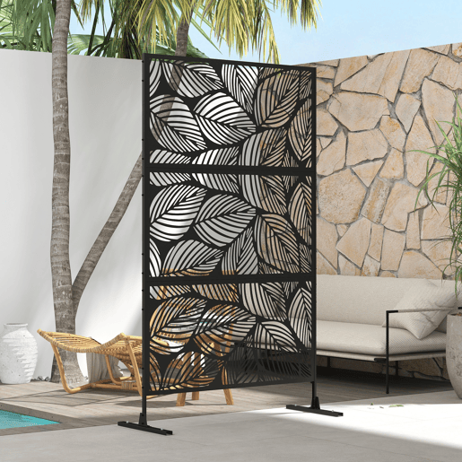 Outsunny Biombo de Exterior Separador de Ambientes com 3 Peças com Padrão de Flores Grande e Estrutura de Aço Ecrã de Privacidade para Pátio Varanda Jardim 122x45x198 cm Preto
