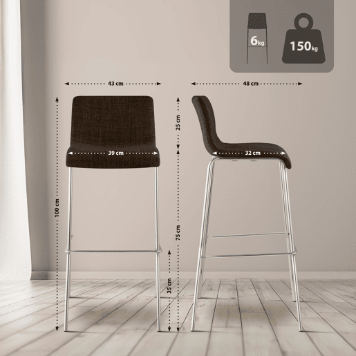 Juego de 2 taburetes de bar Hover, tela, base de cuatro patas Marrón 48X43X100 cm