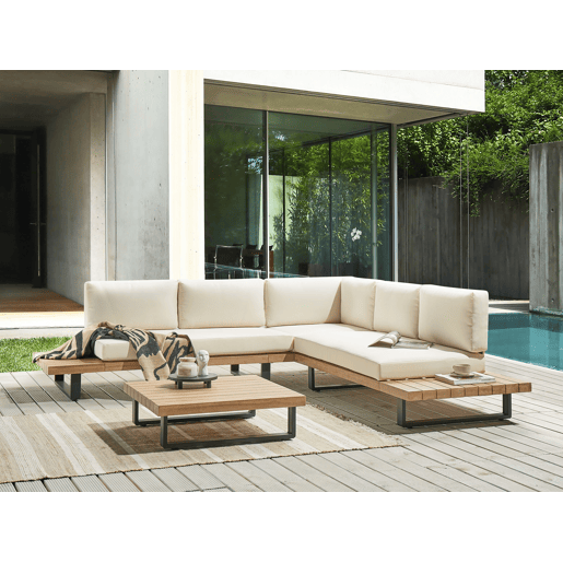 Conjunto de sofás de jardim de canto 5 lugares MYKONOS à direita Madeira de Acácia certificada Branco creme