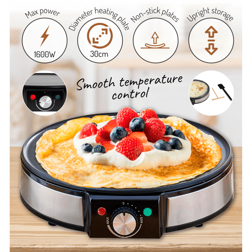 Briebe CM1137 Máquina de Fazer Crepes, Diámetro 30cm, Placa Antiaderente, Temperatura Ajustável, 1600, Preto
