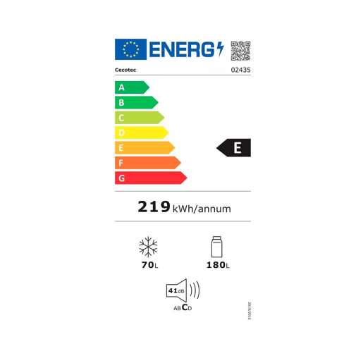 Cecotec Frigorífico Combi White com capacidade de 250 l, 180 cm de altura e 55 cm de largura, classe E, com sistema Multi Air Flow, Total No Frost e gaveta para produtos frescos, adaptável a todas as suas necessidades.