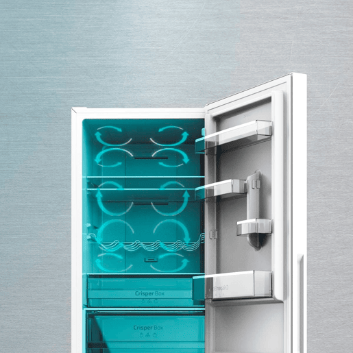 Cecotec Frigorífico Combi White Glass com capacidade de 322 l, 185 cm de altura e 60 cm de largura, Motor Inverter Plus, classe D, com sistema Multi Air Flow, Total No Frost e 2 gavetas para produtos frescos, adaptável a todas as suas necessidades.