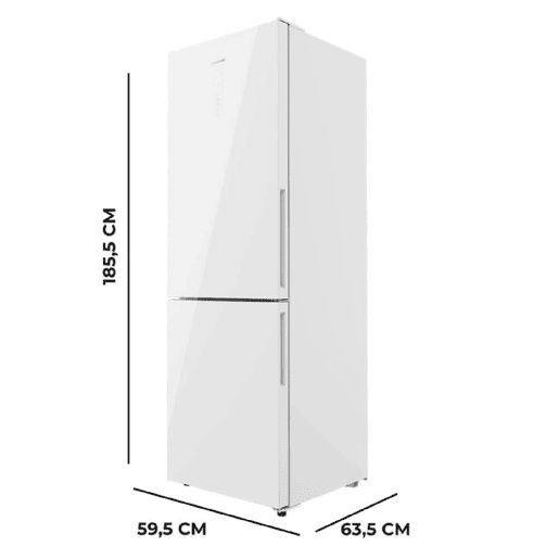 Cecotec Frigorífico Combi White Glass com capacidade de 322 l, 185 cm de altura e 60 cm de largura, Motor Inverter Plus, classe D, com sistema Multi Air Flow, Total No Frost e 2 gavetas para produtos frescos, adaptável a todas as suas necessidades.