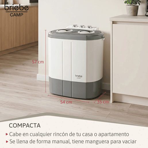 Briebe WM1140 Mini Máquina de Lavar Roupa Portátil com Centrifugadora, Ideal para Campismo, 3Kg, 2 Compartimentos, 190 , Cinza branco