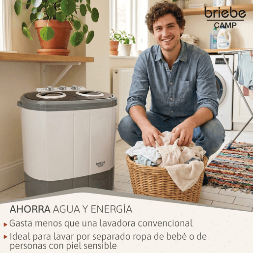 Briebe WM1140 Mini Máquina de Lavar Roupa Portátil com Centrifugadora, Ideal para Campismo, 3Kg, 2 Compartimentos, 190 , Cinza branco
