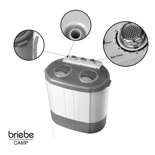 Briebe WM1140 Mini Máquina de Lavar Roupa Portátil com Centrifugadora, Ideal para Campismo, 3Kg, 2 Compartimentos, 190 , Cinza branco