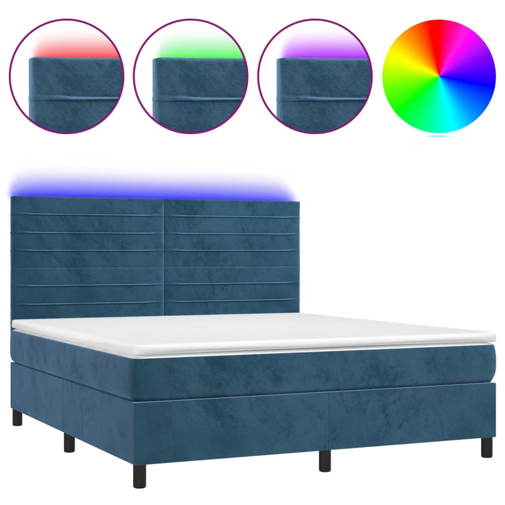Cama box spring colchón y led terciopelo azul oscuro 160x200 cm rayas horizontales
