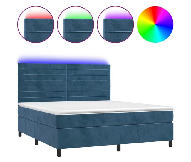 Cama box spring colchón y led terciopelo azul oscuro 160x200 cm rayas horizontales