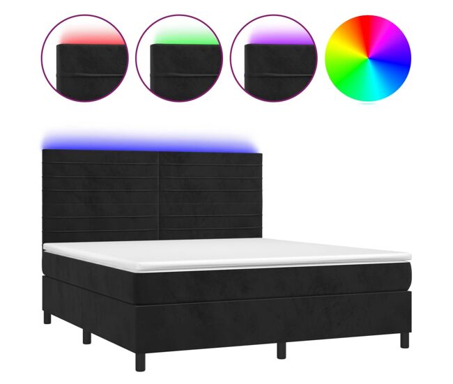 Cama box spring colchón y led terciopelo negro 160x200 cm rayas horizontales