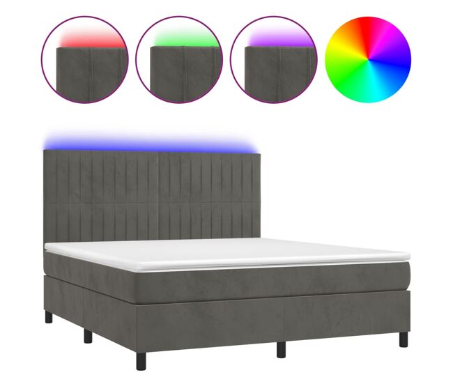 Cama box spring colchón y led terciopelo gris oscuro 160x200 cm rayas verticales