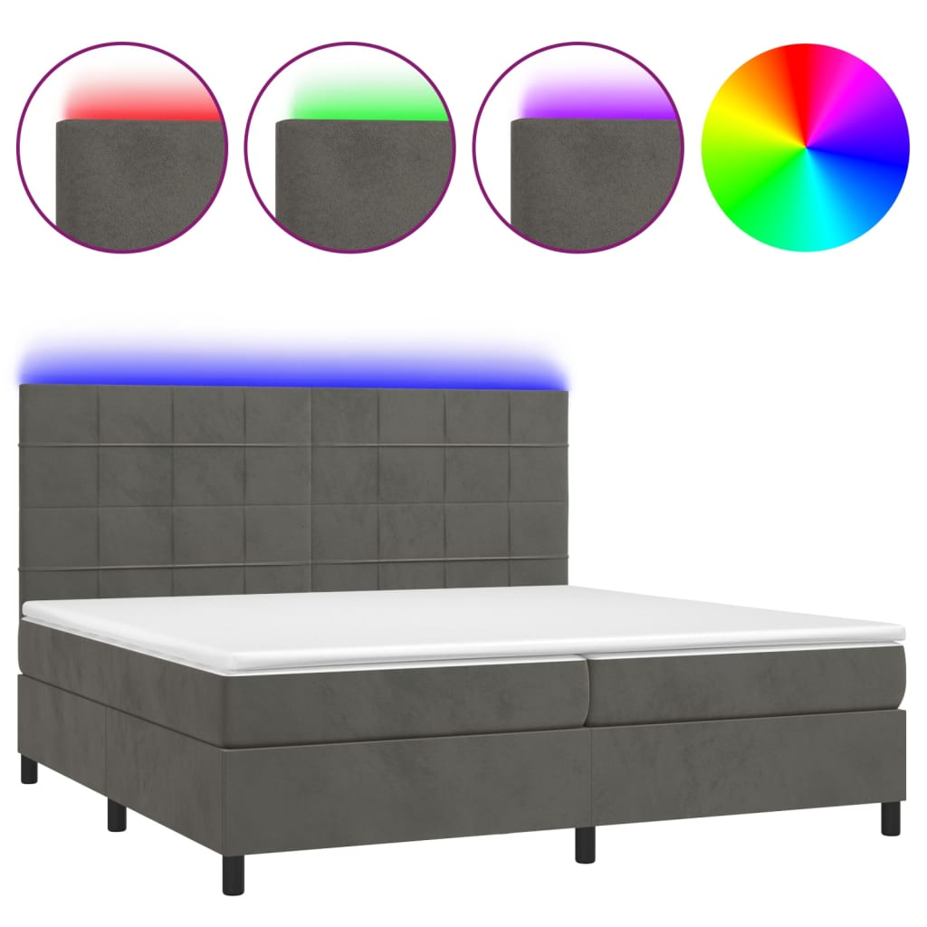Cama box spring colchón y led terciopelo gris oscuro 200x200 cm bloques con cuadros