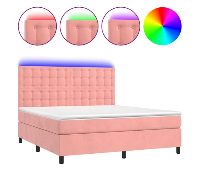 Cama box spring colchón y led terciopelo rosa 160x200 cm botones