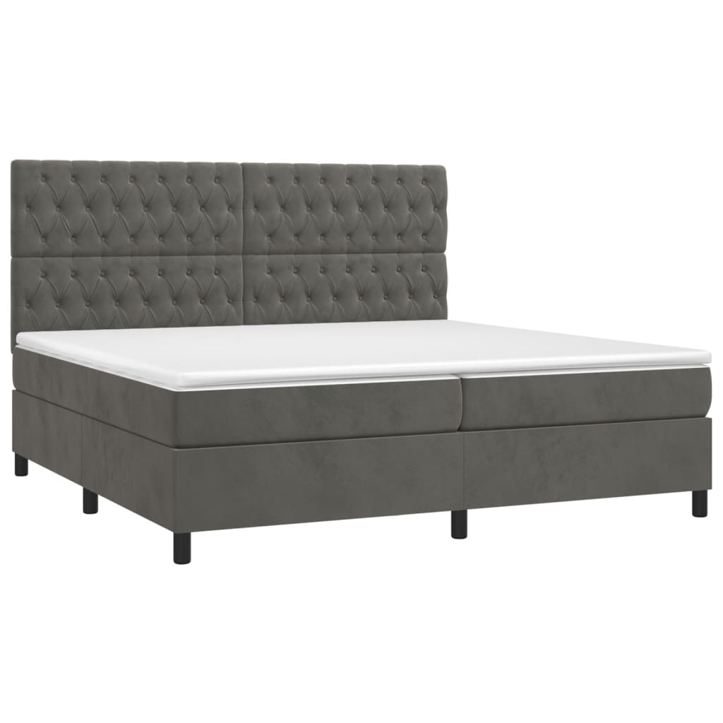 Cama box spring colchón y led terciopelo gris oscuro 200x200 cm diseño de botones