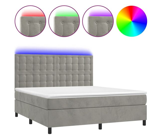 Cama box spring colchón y led terciopelo gris claro 160x200 cm botones