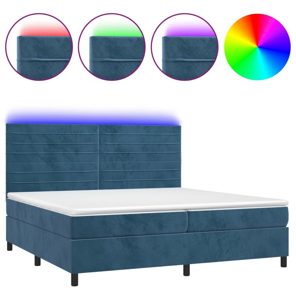 Cama box spring colchón y led terciopelo azul oscuro 200x200 cm rayas horizontales