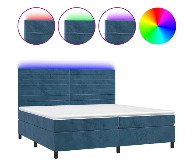 Cama box spring colchón y led terciopelo azul oscuro 200x200 cm rayas horizontales